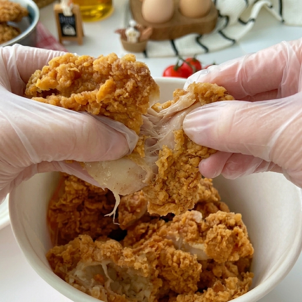 Manos con guantes troceando una pieza de pollo frito dorado y crujiente.
