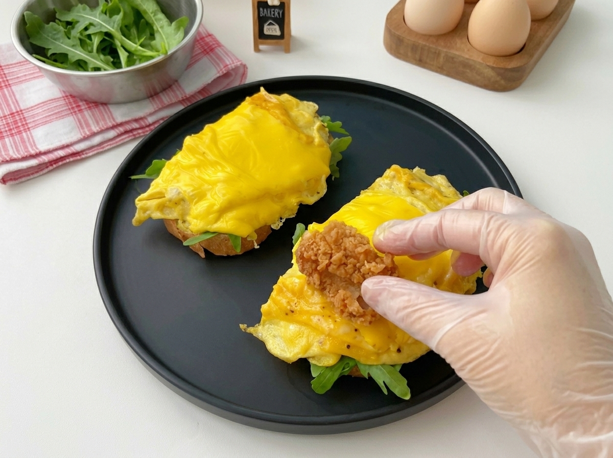 Una mano colocando un trozo de pollo frito sobre el sándwich de huevos con queso.
