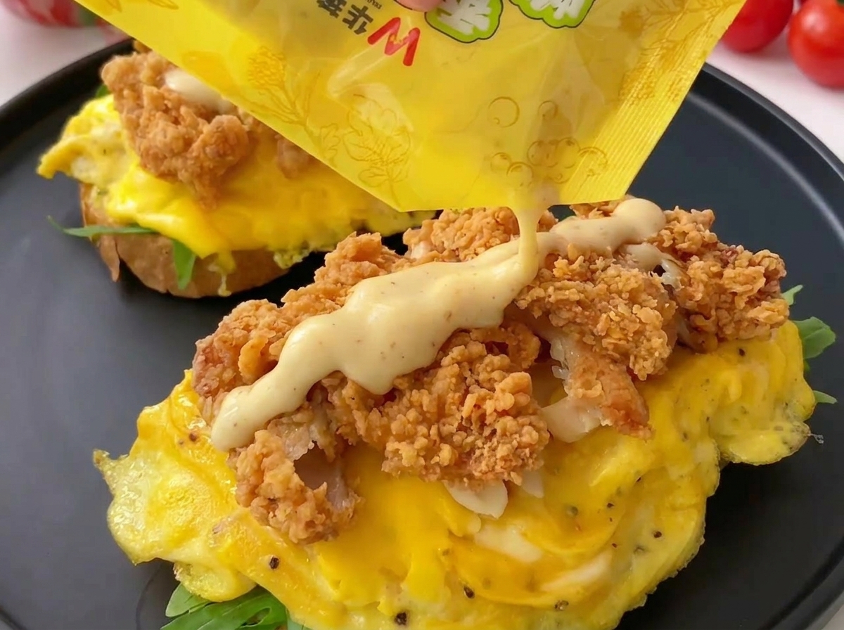 Salsa cremosa cayendo sobre los trozos de pollo frito en el sándwich abierto.