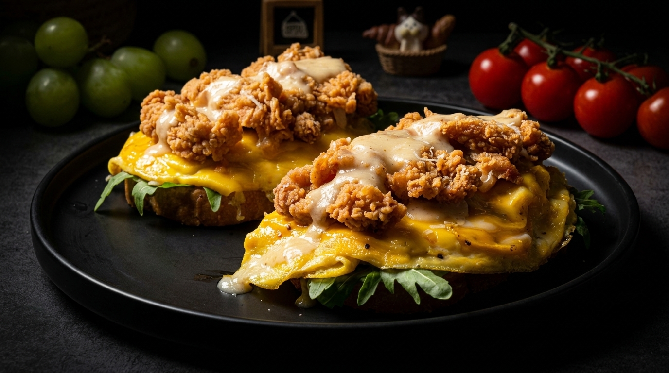 Sándwich Abierto de Pollo Crujiente y Huevos Revueltos con Queso