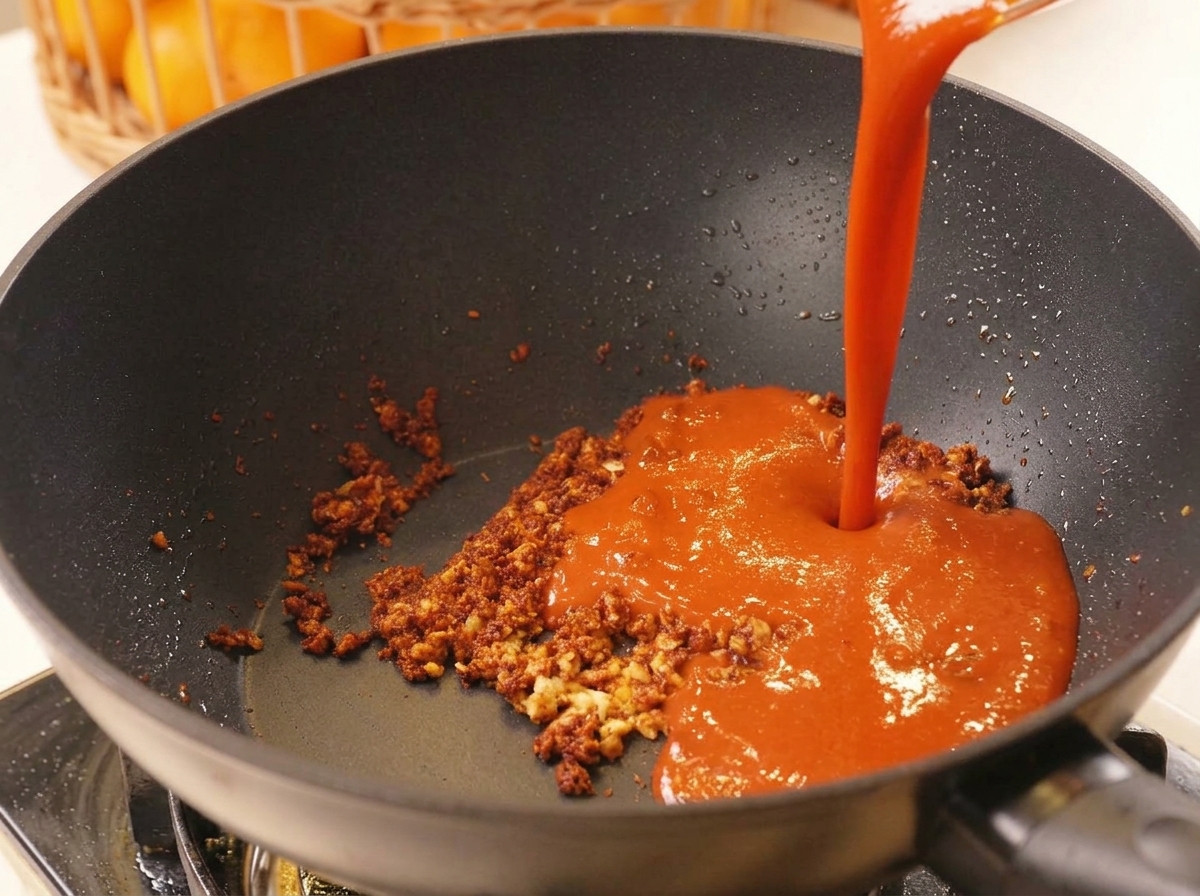 Vertiendo la mezcla de gochujang en el wok con el ajo y las especias sofritas.