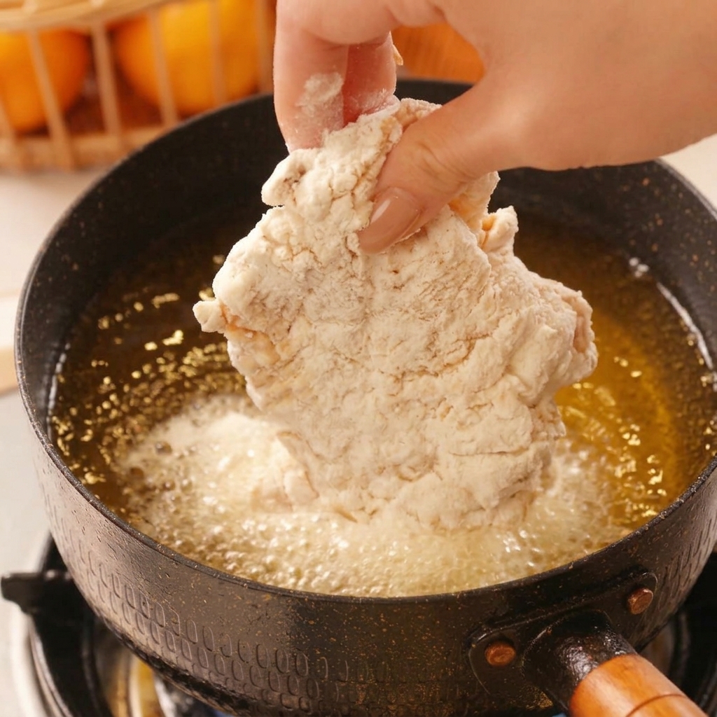 Introduciendo el pollo rebozado en una olla con aceite caliente burbujeante.