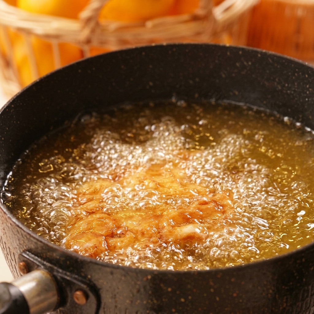 Pollo rebozado friéndose en aceite muy caliente en una olla negra.