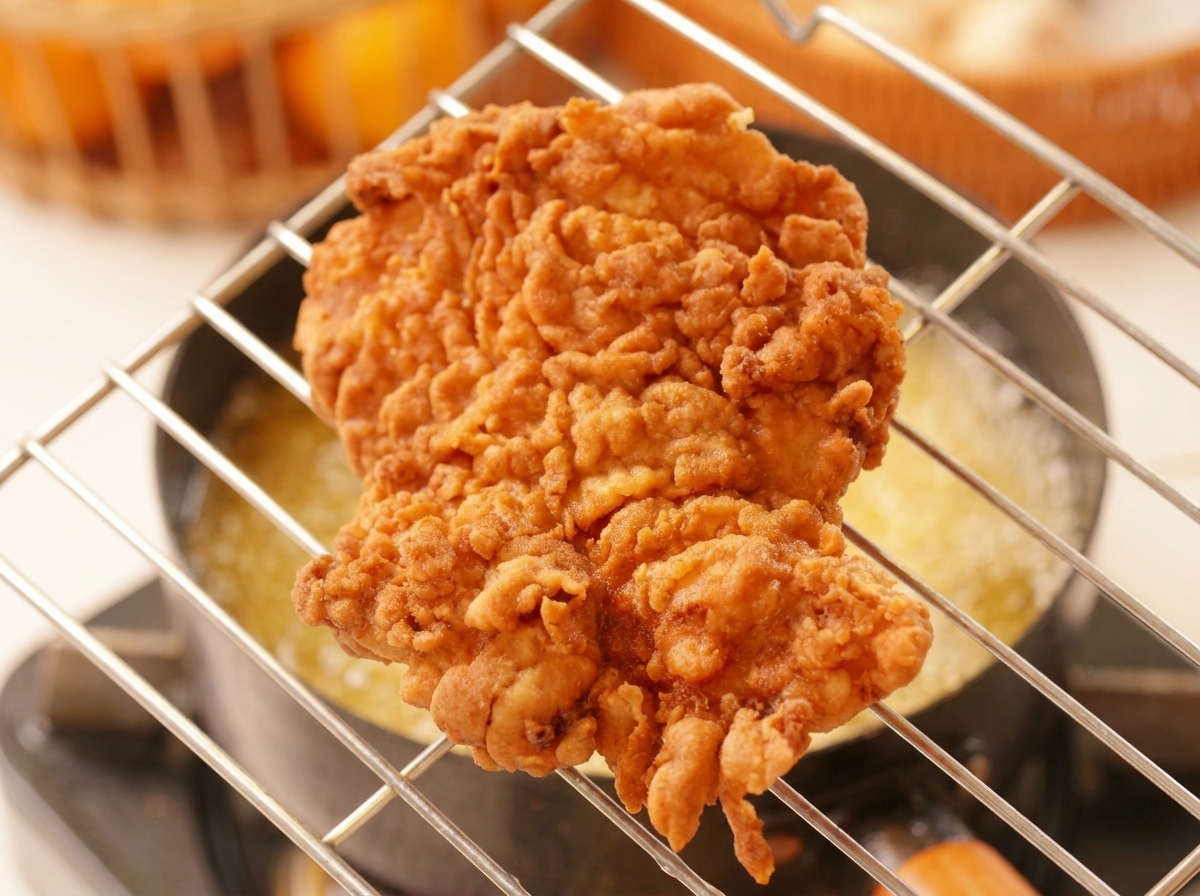 Pollo frito dorado y crujiente reposando sobre una rejilla metálica.