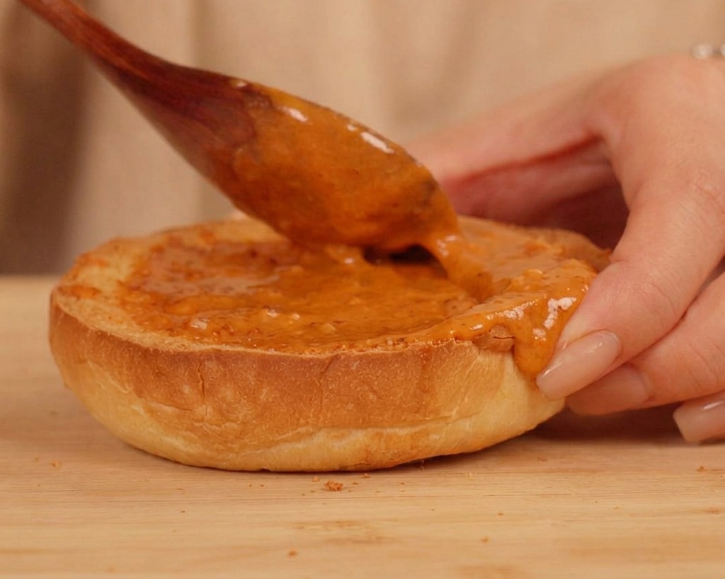 Untando salsa de crema picante naranja en la base de un pan de hamburguesa tostado.