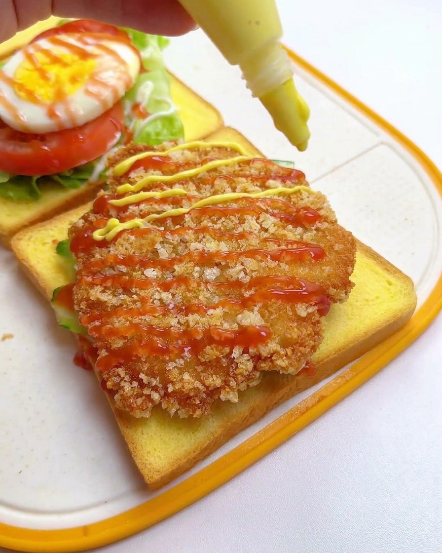 Mostaza dulce y kétchup aplicados en zigzag sobre el pollo frito crujiente.