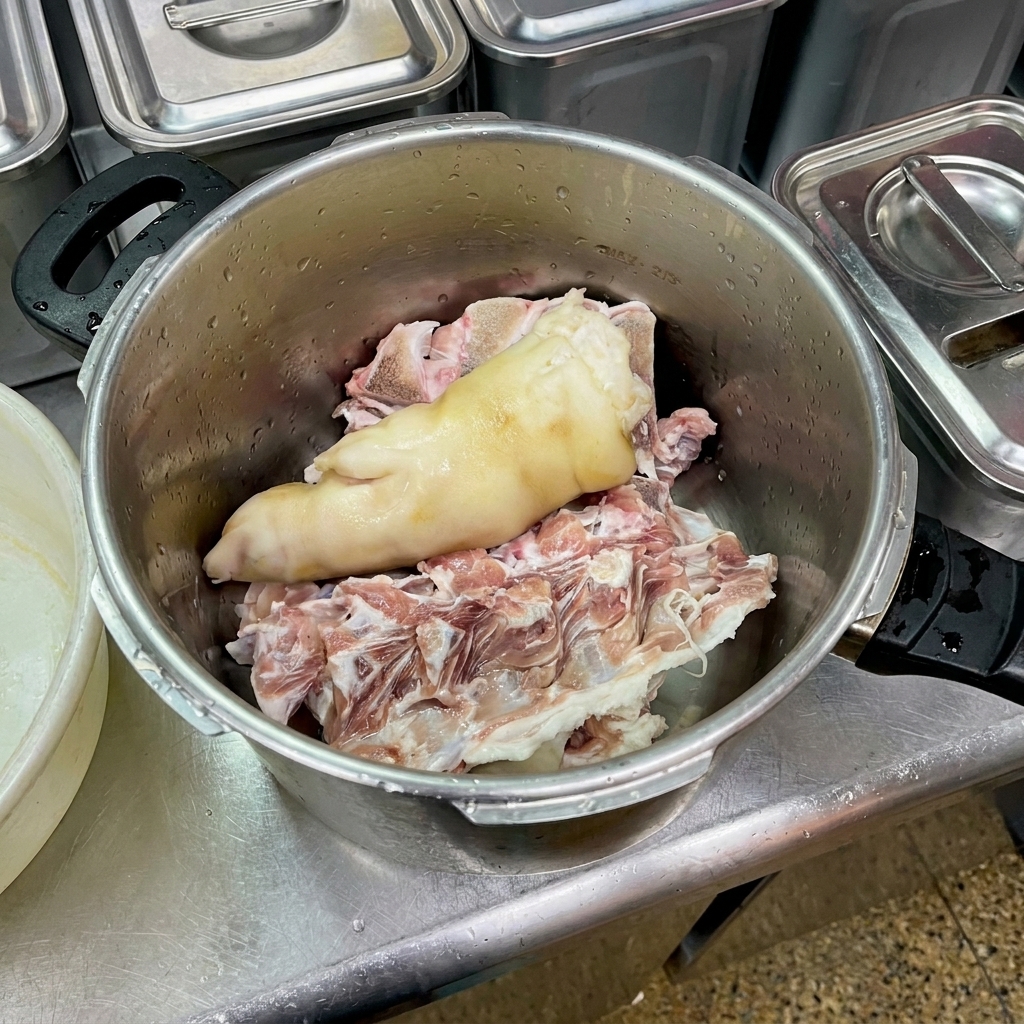 Una olla grande de metal con huesos de cerdo crudos, una manita de cerdo y patas de pollo listos para hervir.