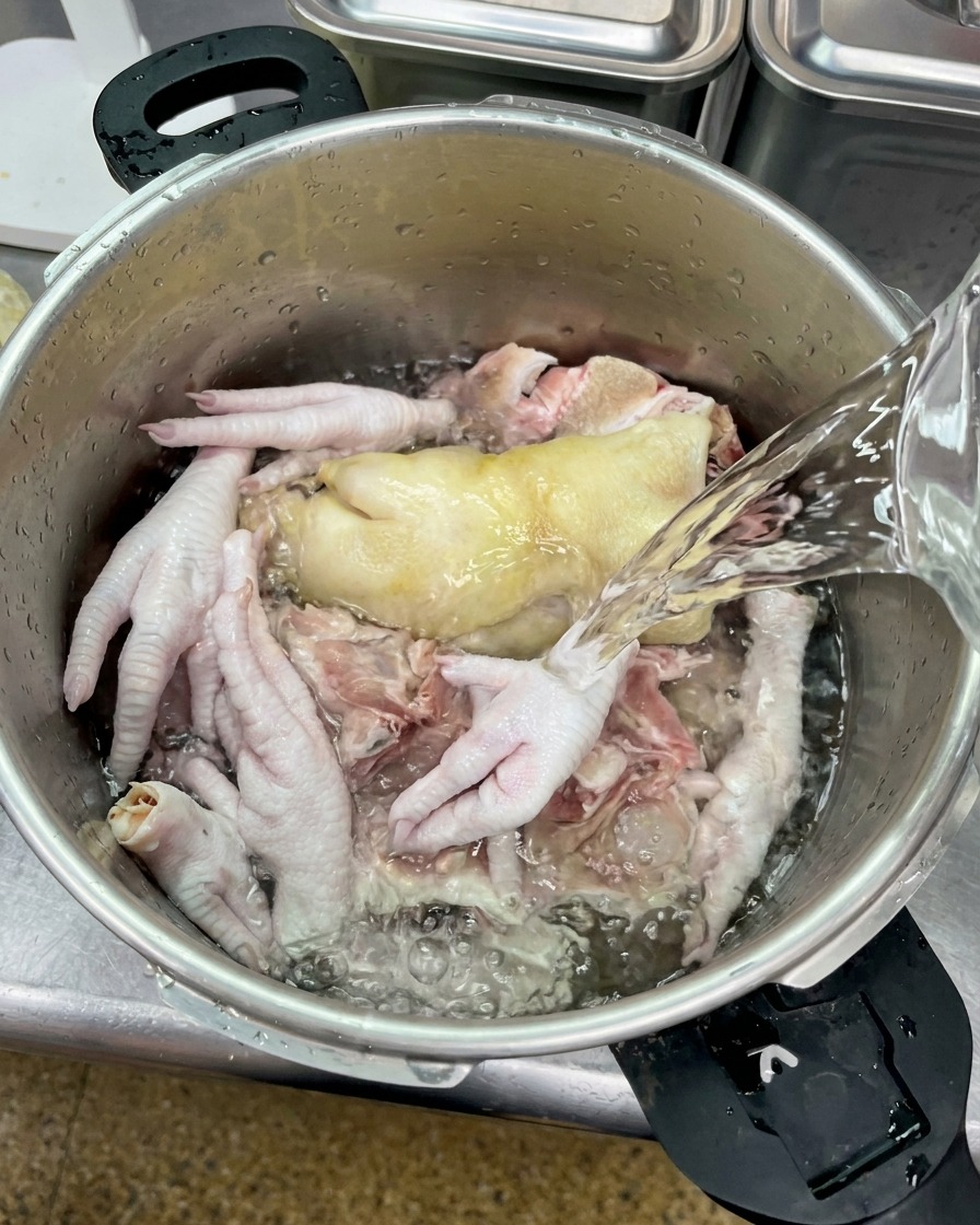 Agua clara vertiéndose desde una jarra sobre huesos de cerdo crudos y patas de pollo en una olla de metal.