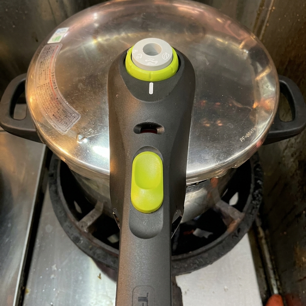 Una olla a presión de acero inoxidable con la tapa cerrada colocada sobre un quemador de estufa encendido.