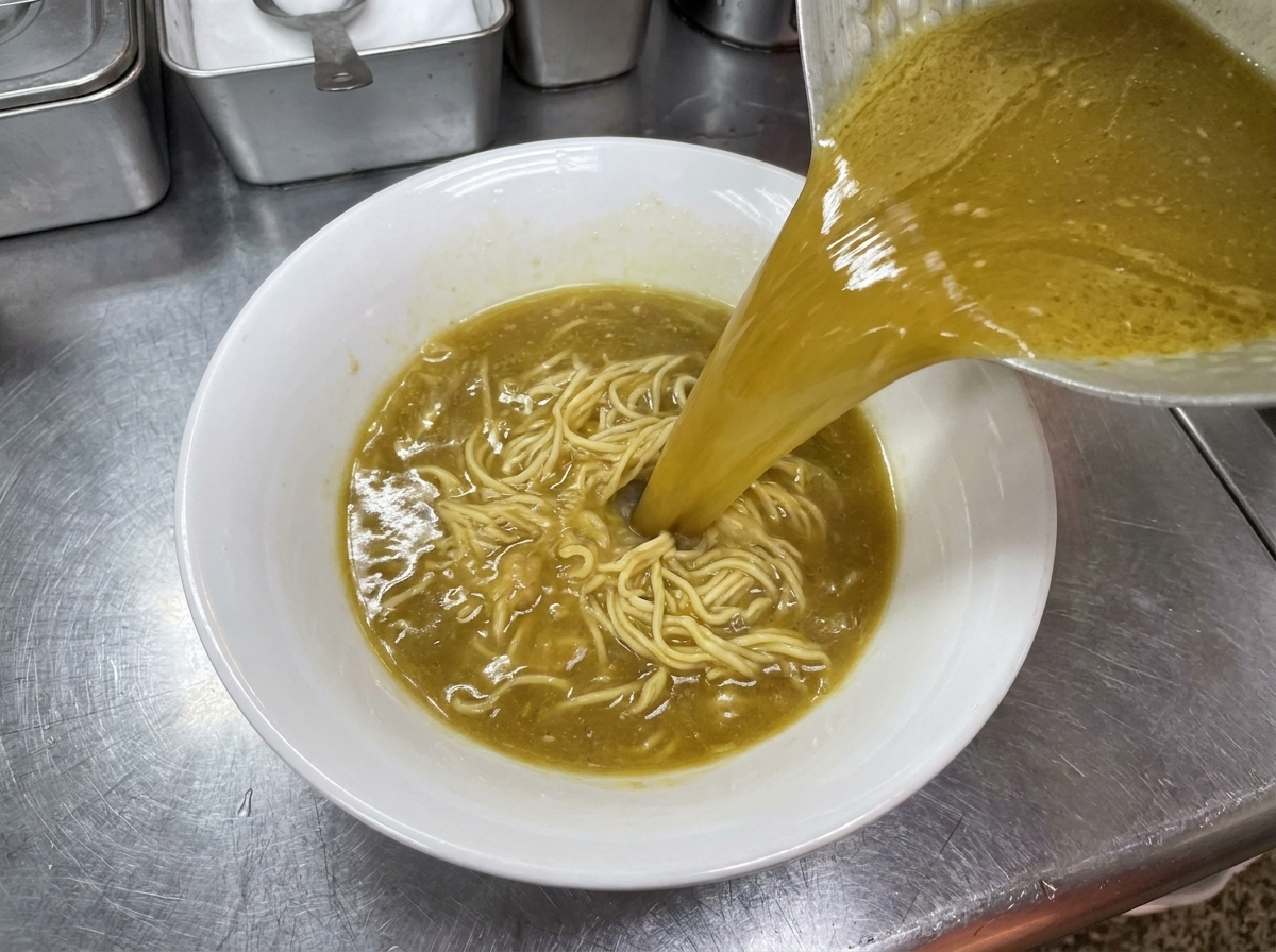 Caldo tonkotsu espeso y turbio vertiéndose sobre una porción de fideos ramen cocidos en un tazón blanco.