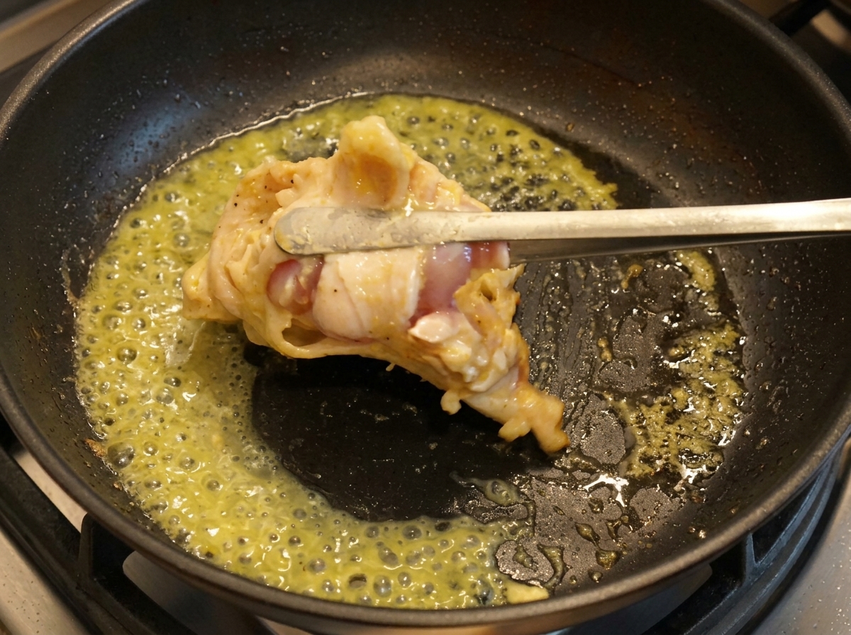 Pinzas dando la vuelta a un contramuslo de pollo dorado en la sartén.