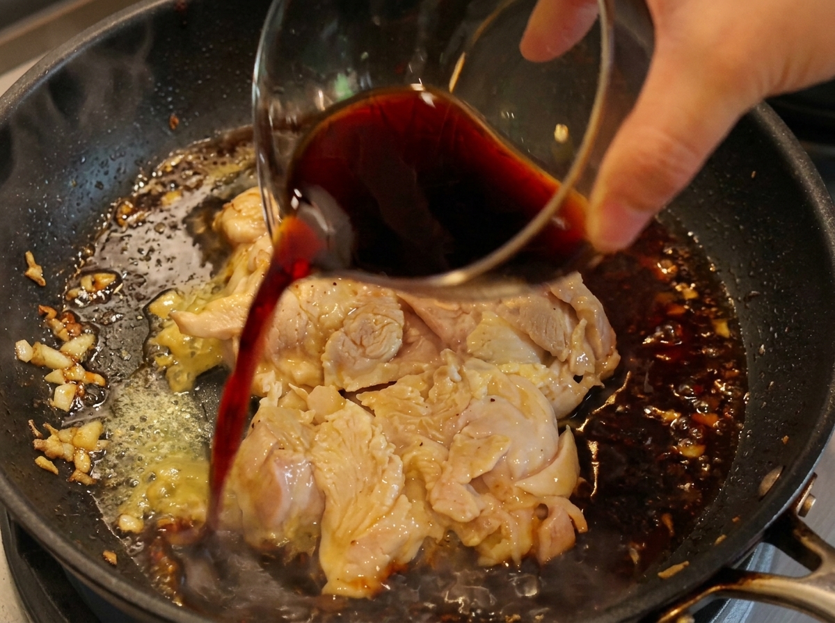 Vertiendo la salsa oscura sobre el pollo que se cocina en la sartén.