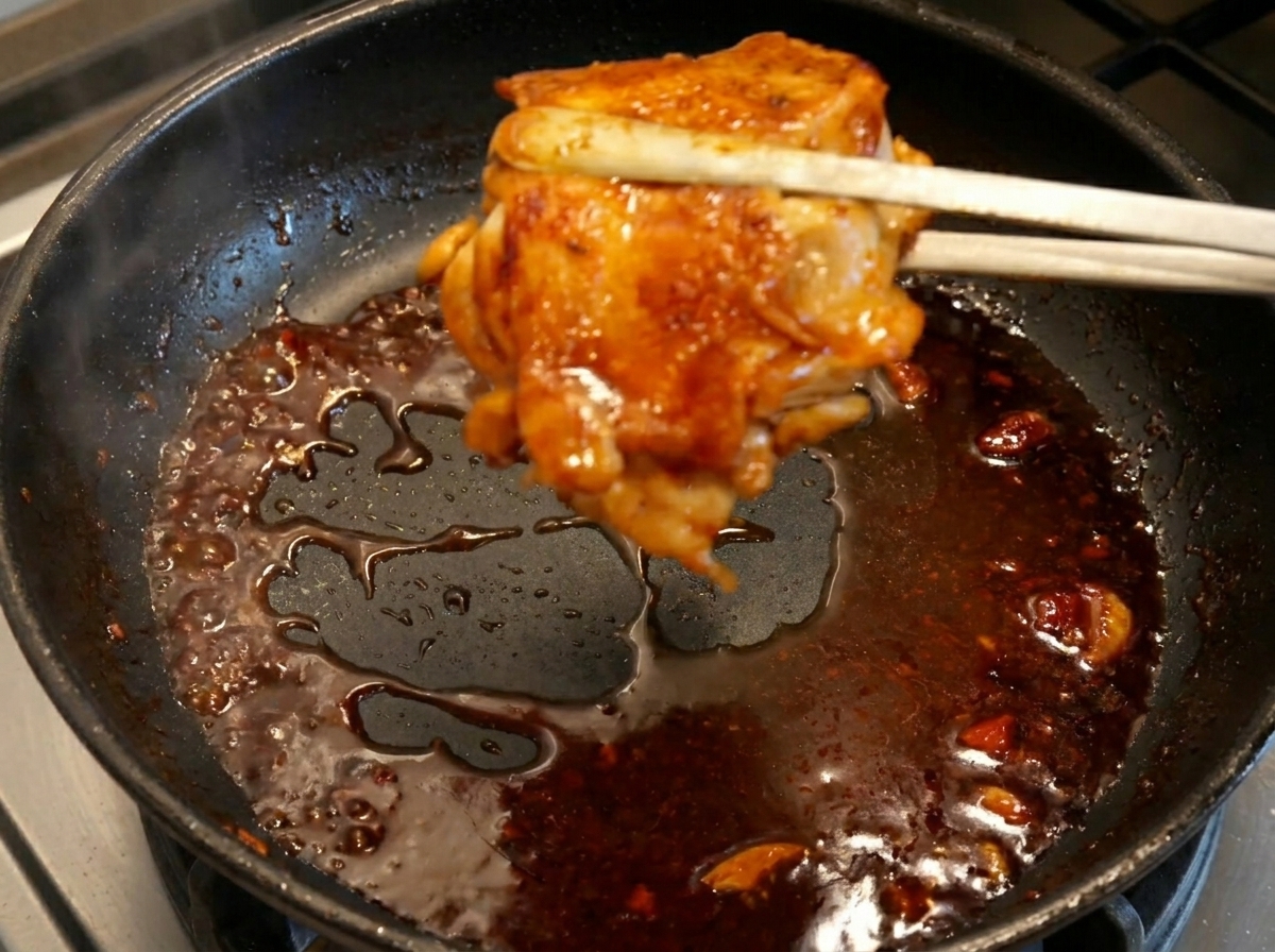 Levantando el pollo brillante y glaseado de la sartén con la salsa ya reducida.