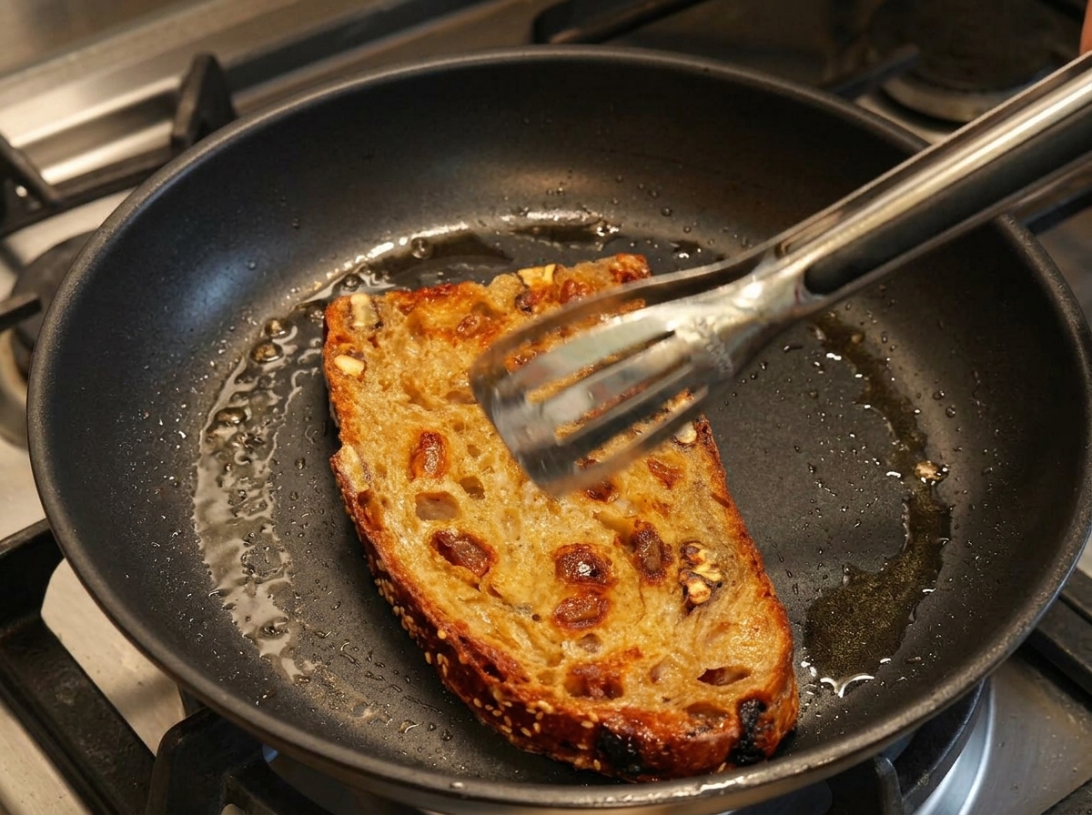 Pan artesano con un tostado dorado perfecto siendo retirado de la sartén.
