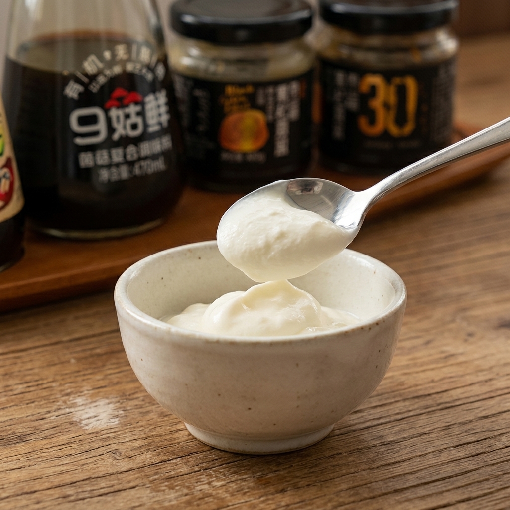Mezclando mayonesa y yogur natural en un bol pequeño.