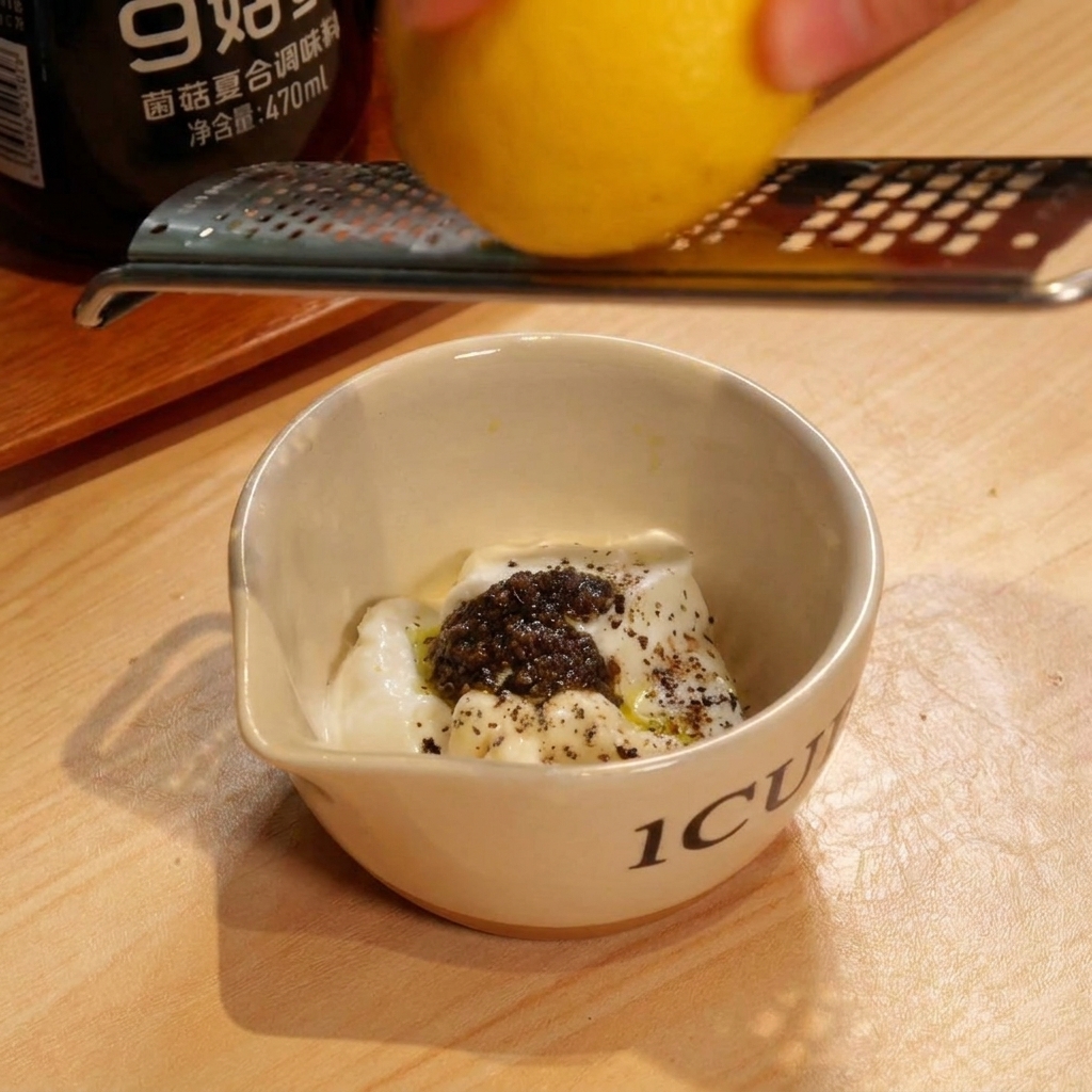 Rallando la piel de un limón fresco sobre la salsa de trufa y yogur.