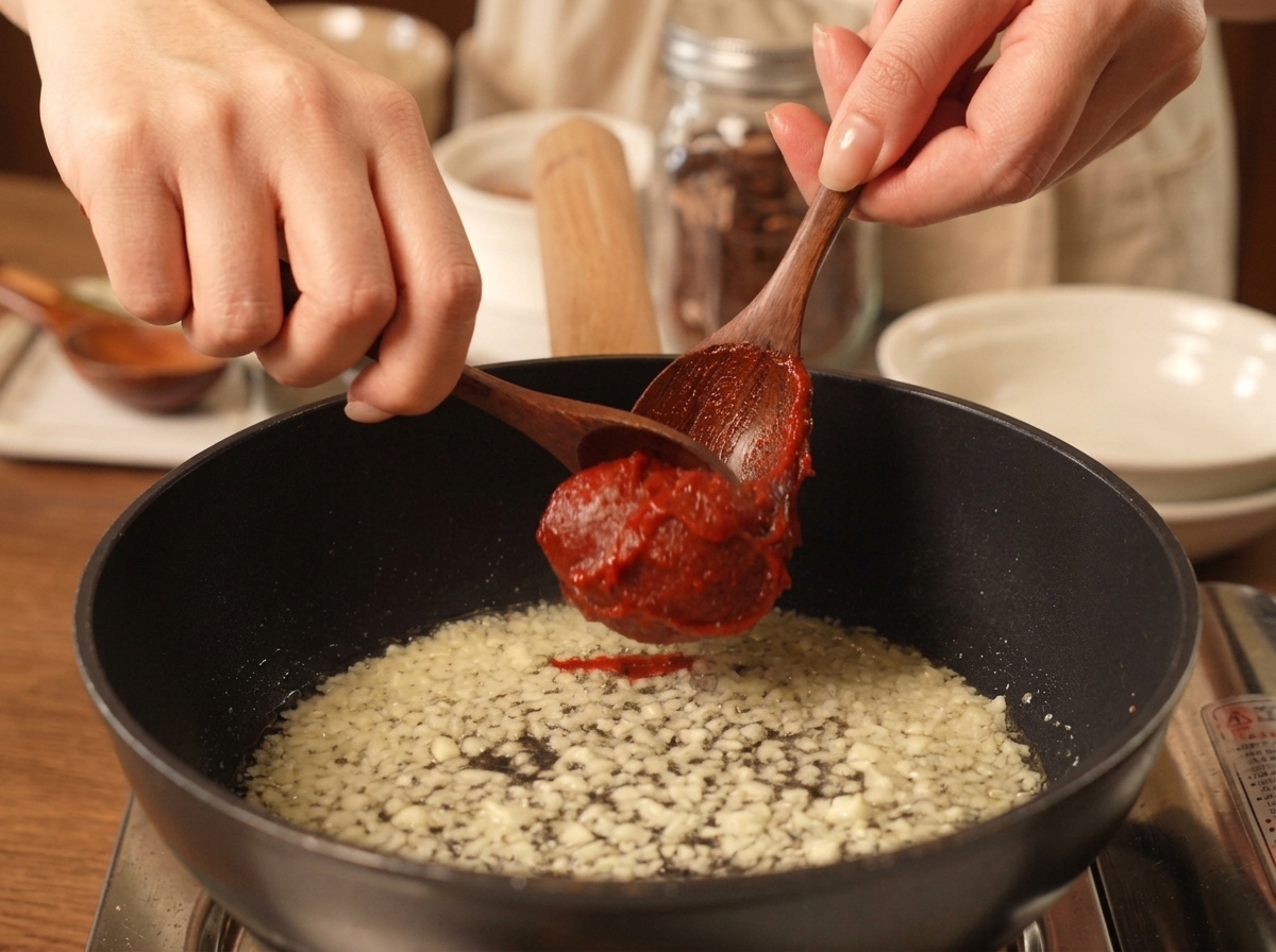 Dos cucharas de madera añadiendo una porción de pasta de chile rojo espesa a una sartén con ajo frito.