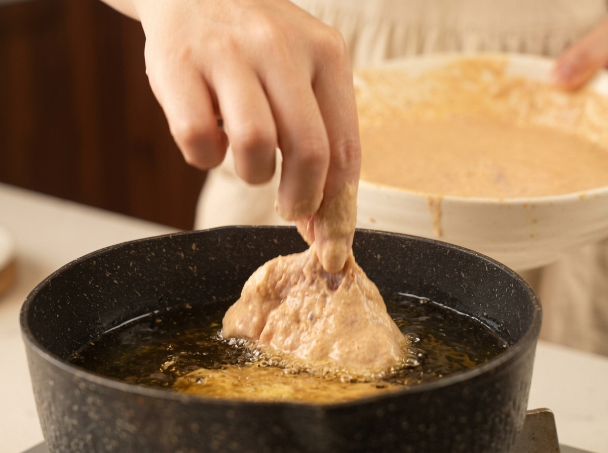Una mano dejando caer con cuidado un trozo de pollo rebozado en una sartén con aceite caliente burbujeando.