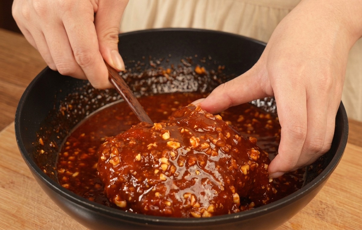 Un trozo grande de pollo frito siendo cubierto por una salsa roja oscura con cacahuetes en una sartén negra.