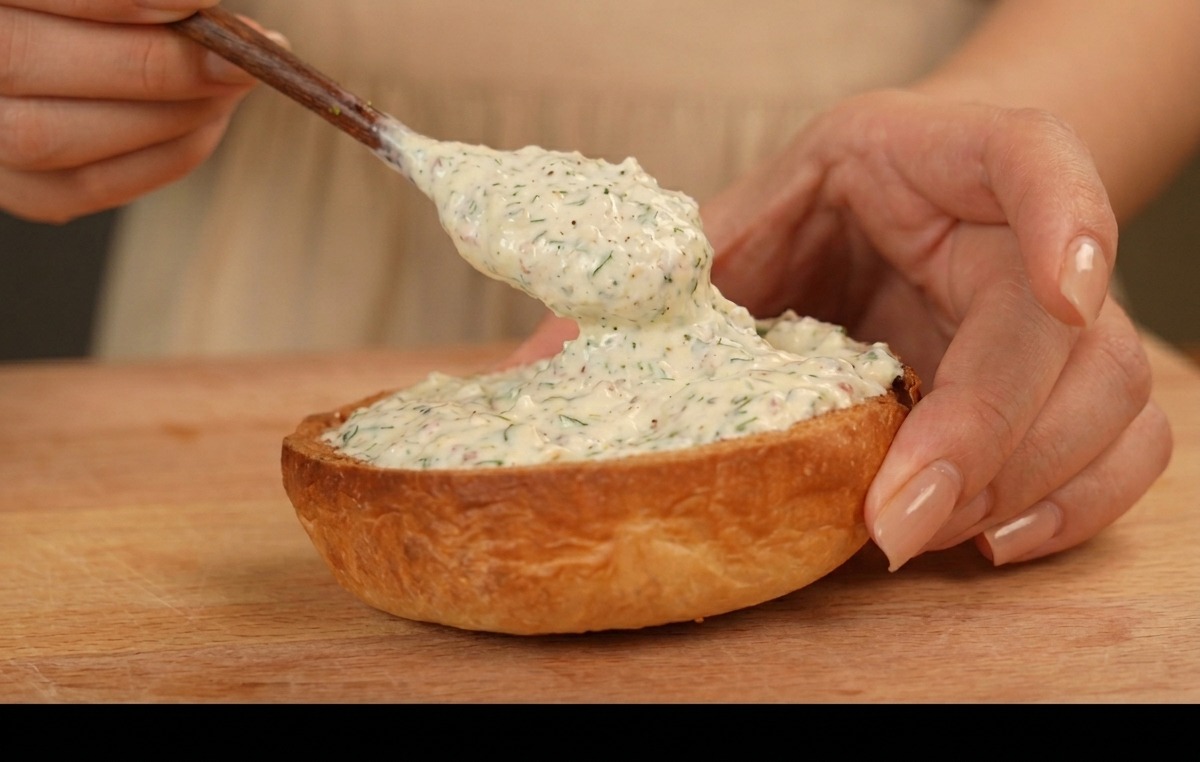 Salsa blanca cremosa con hierbas siendo servida sobre la base de un pan de hamburguesa tostado.