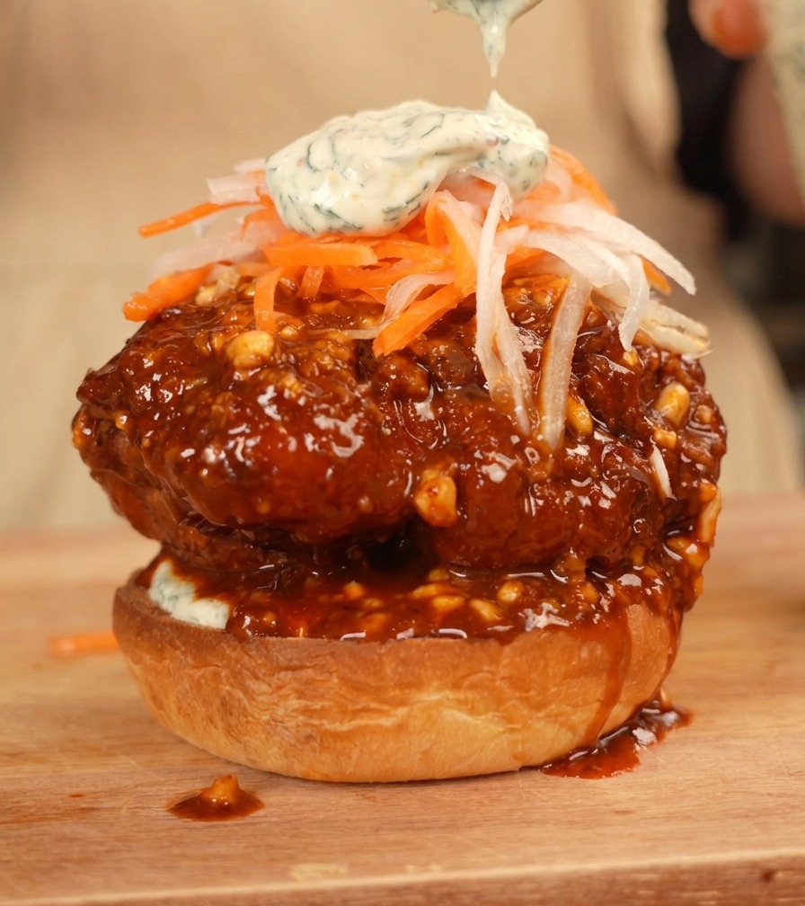 Una cuchara de salsa ranch con hierbas vertiéndose sobre los vegetales en una hamburguesa de pollo alta.