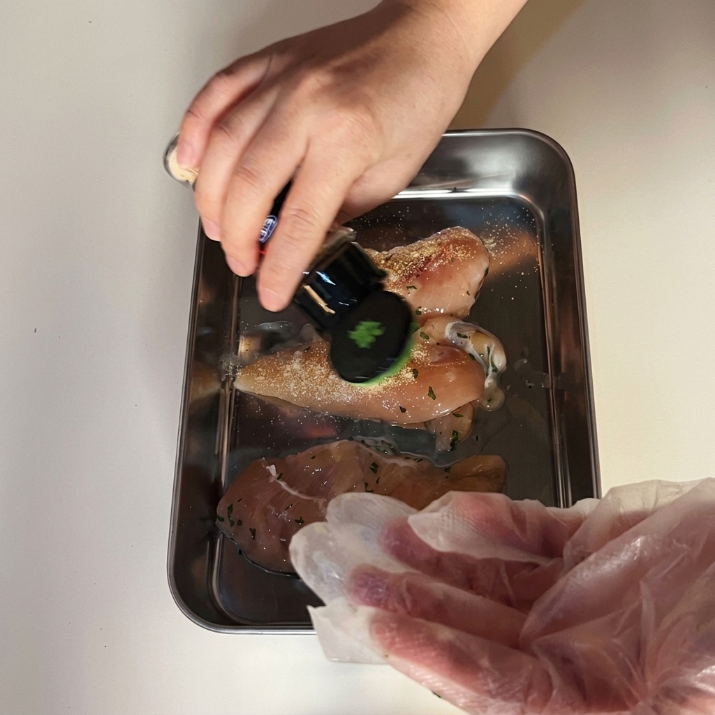 Una mano espolvoreando ajo en polvo sobre filetes de pollo crudos dispuestos en una bandeja metálica.