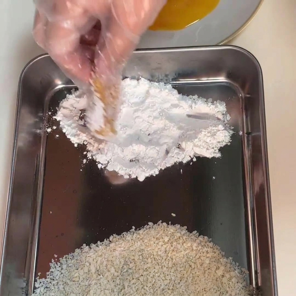 Una mano pasando un filete de pollo sazonado por un montón de maicena blanca en una bandeja de acero.