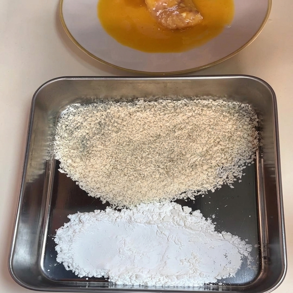 Un filete de pollo cubierto de maicena sumergido en un plato hondo con huevo batido.