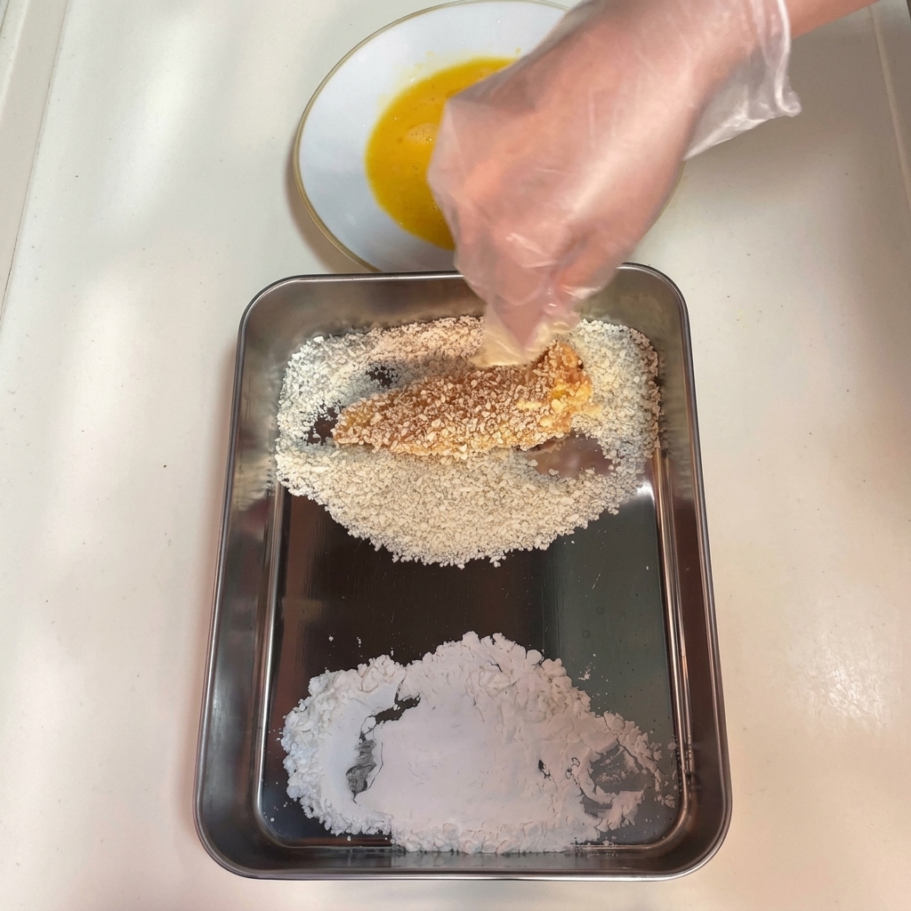Una mano presionando un filete de pollo humedecido con huevo sobre una cama de panko en una bandeja.
