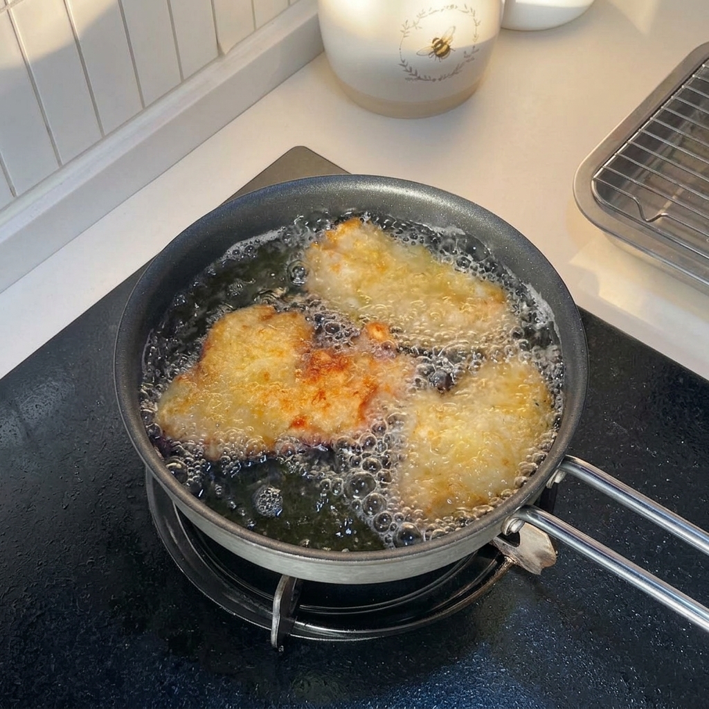 Filetes de pollo rebozados friéndose en aceite burbujeante con los bordes ya dorados.
