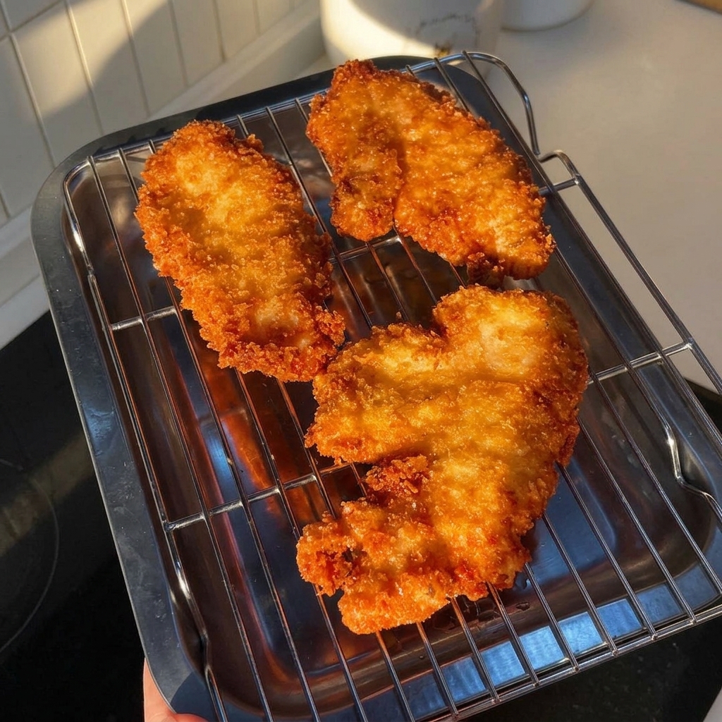Tres piezas de pollo frito muy crujiente reposando sobre una rejilla metálica de enfriamiento.