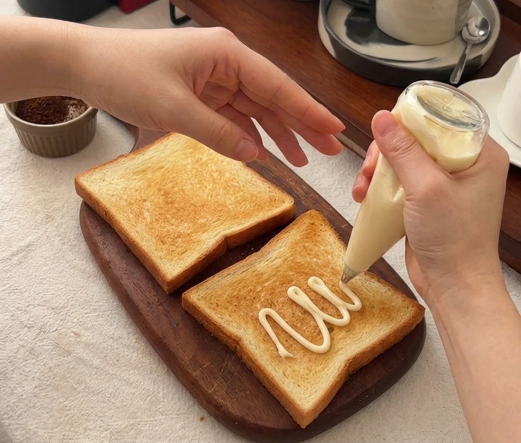 Una persona aplicando mayonesa baja en grasa desde un bote sobre una rebanada de pan tostado.