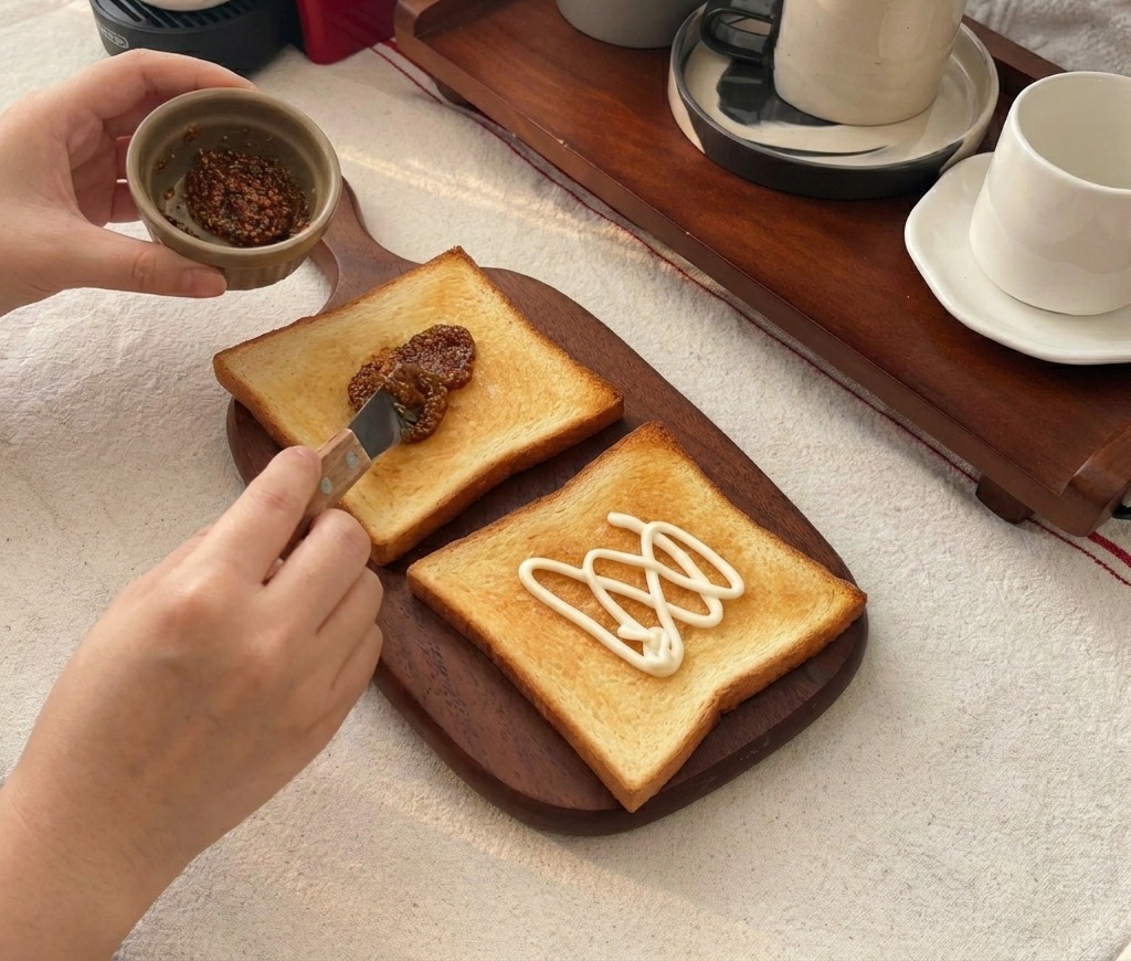 Un cuchillo pequeño extendiendo la mezcla de miel y mostaza sobre una rebanada de pan tostado.