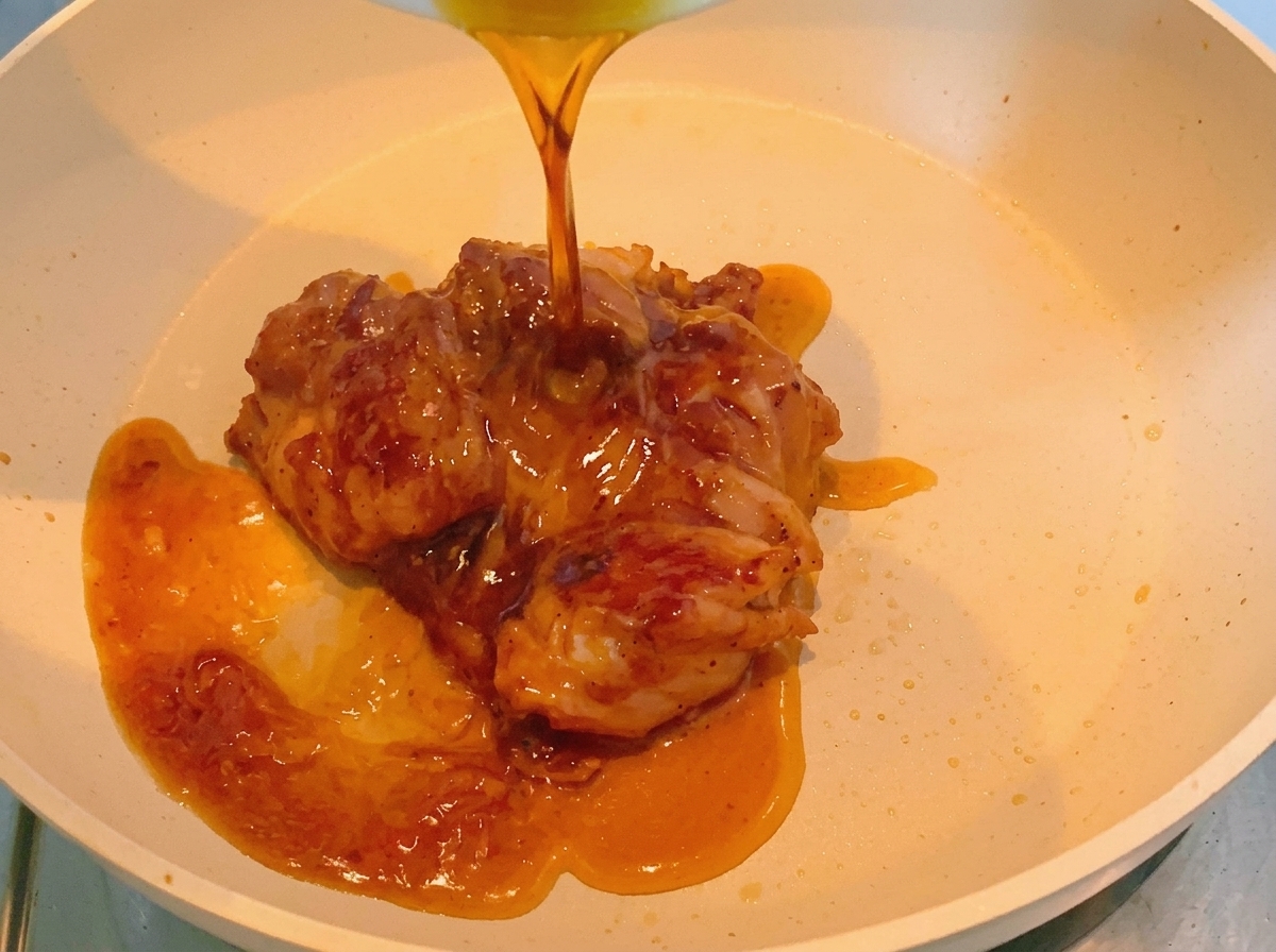 Glaseado oscuro y sabroso vertiéndose sobre el pollo frito en una sartén blanca.