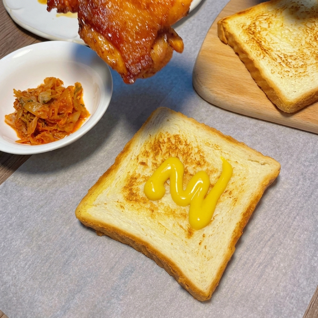 Un muslo de pollo glaseado y oscuro colocándose sobre una rebanada de pan tostado con mostaza.