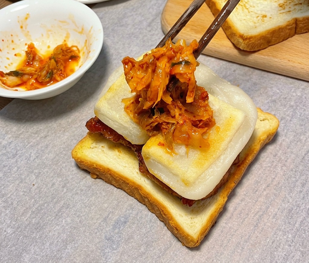 Palillos soltando una porción de kimchi rojo picado sobre las capas de pastel de arroz y pollo.