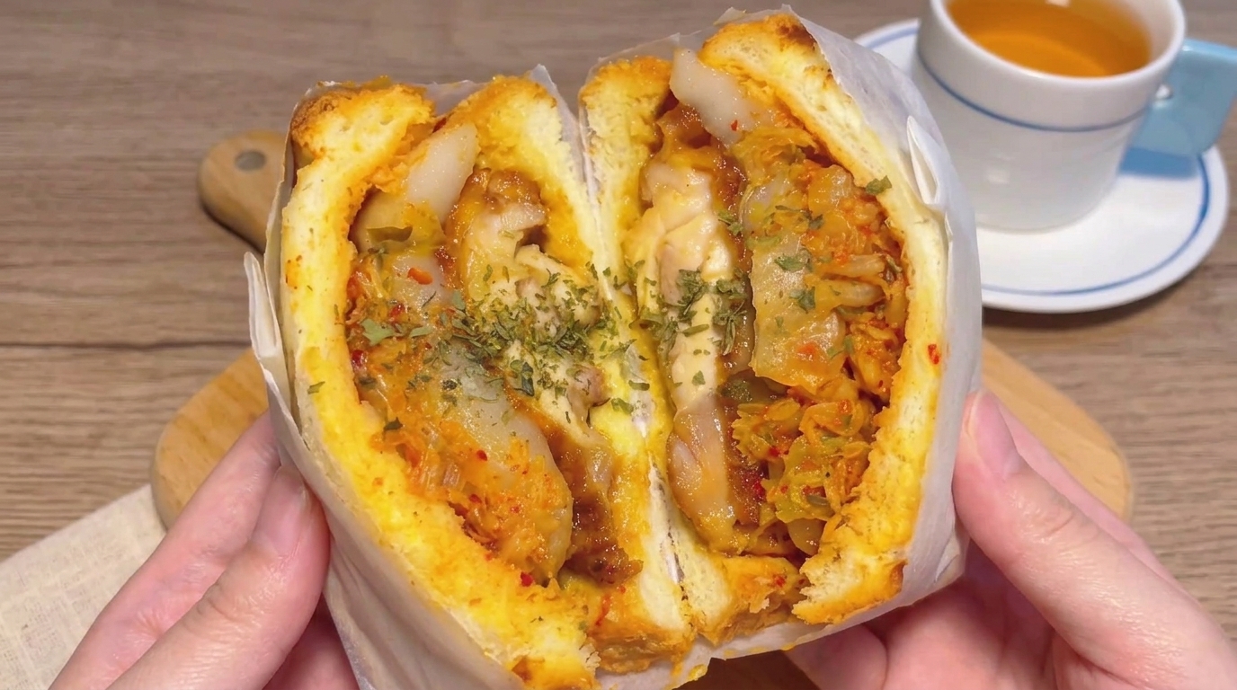 Sándwich de pollo frito coreano y pastel de arroz (Garaetteok)