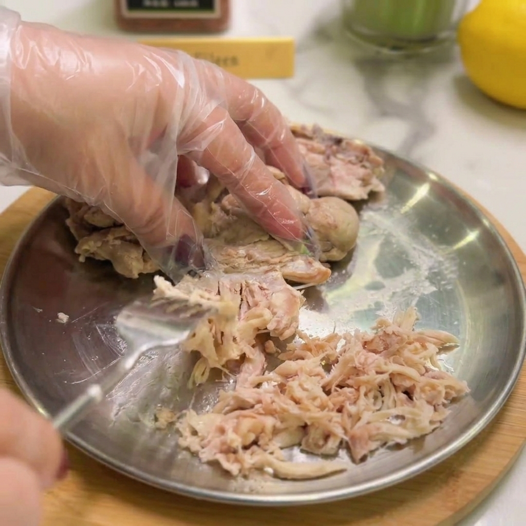 Manos con guantes usando un tenedor metálico para desmechar la pechuga de pollo en tiras finas sobre un plato.