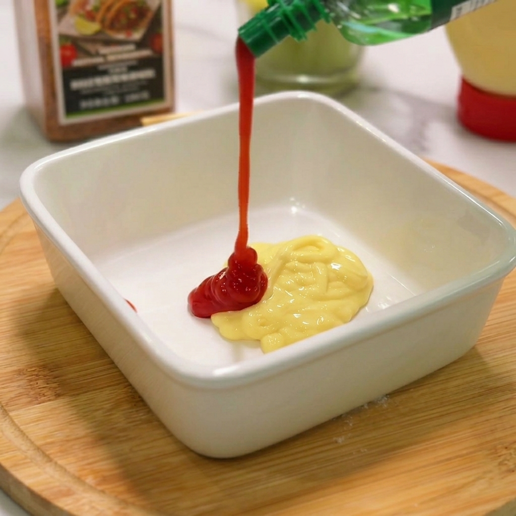 Kétchup rojo saliendo de un bote verde sobre una porción de mayonesa en un plato blanco cuadrado.