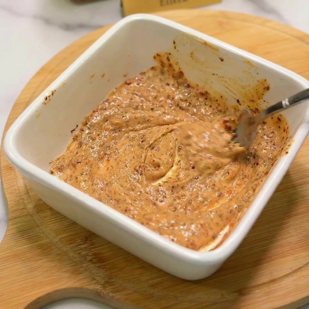 Un tenedor mezclando una salsa espesa de color naranja con especias rojas en un recipiente blanco sobre madera.