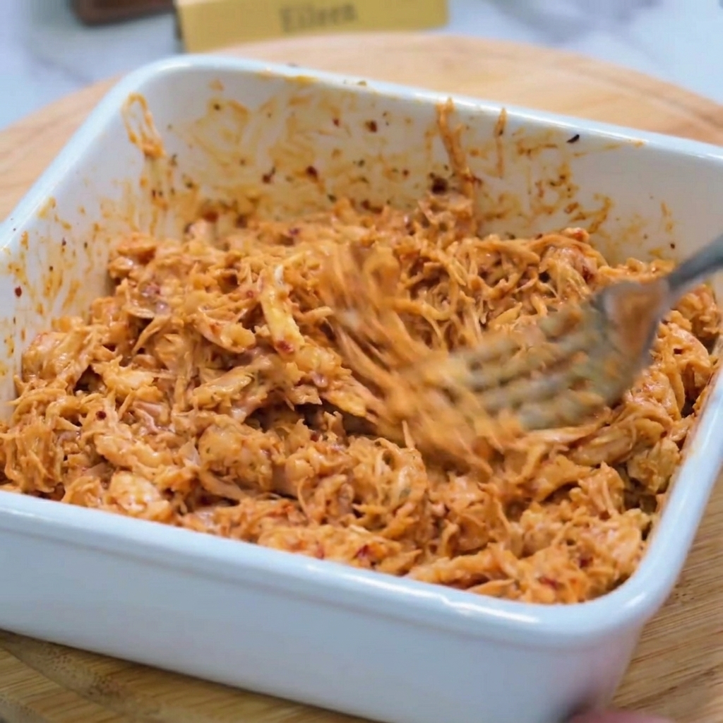 Pollo desmechado mezclándose con una salsa de mayonesa picante de color naranja en un bol cuadrado blanco.