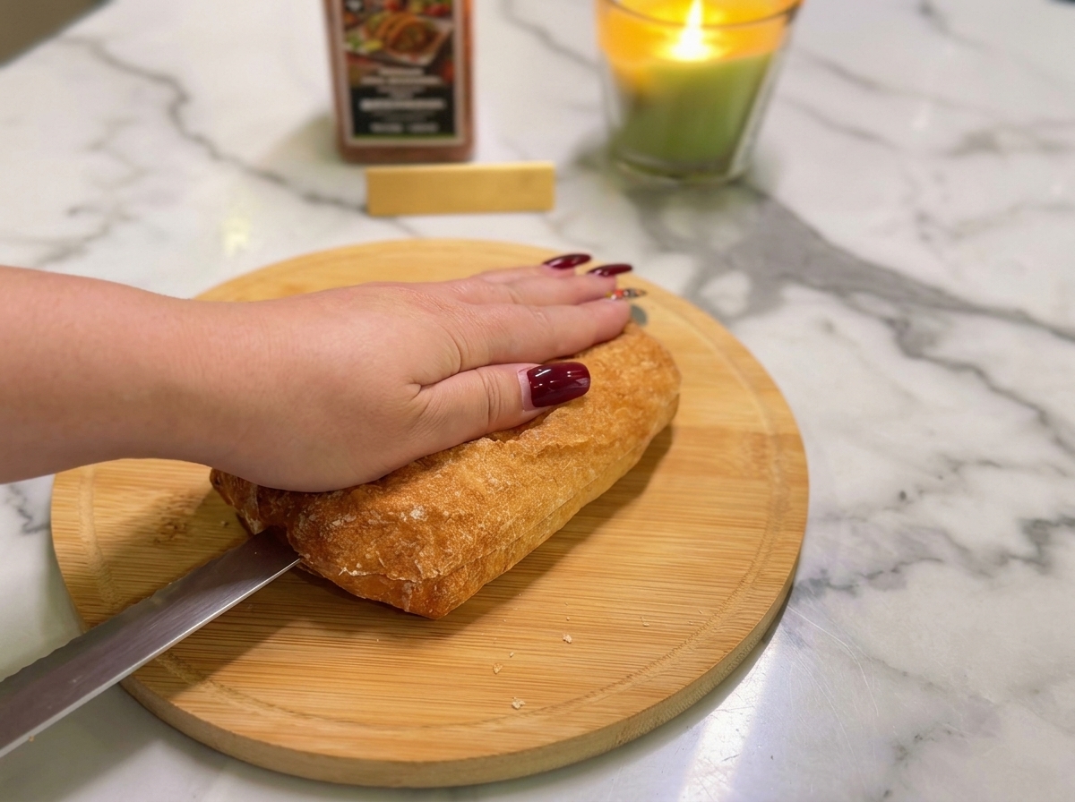 Una mano presionando un pan ciabatta mientras se corta horizontalmente por la mitad en una tabla de madera.