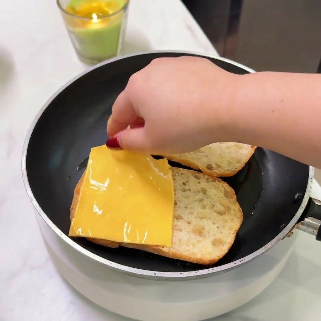 Una mano colocando una loncha de queso amarillo sobre la ciabatta tostada dentro de la sartén caliente.