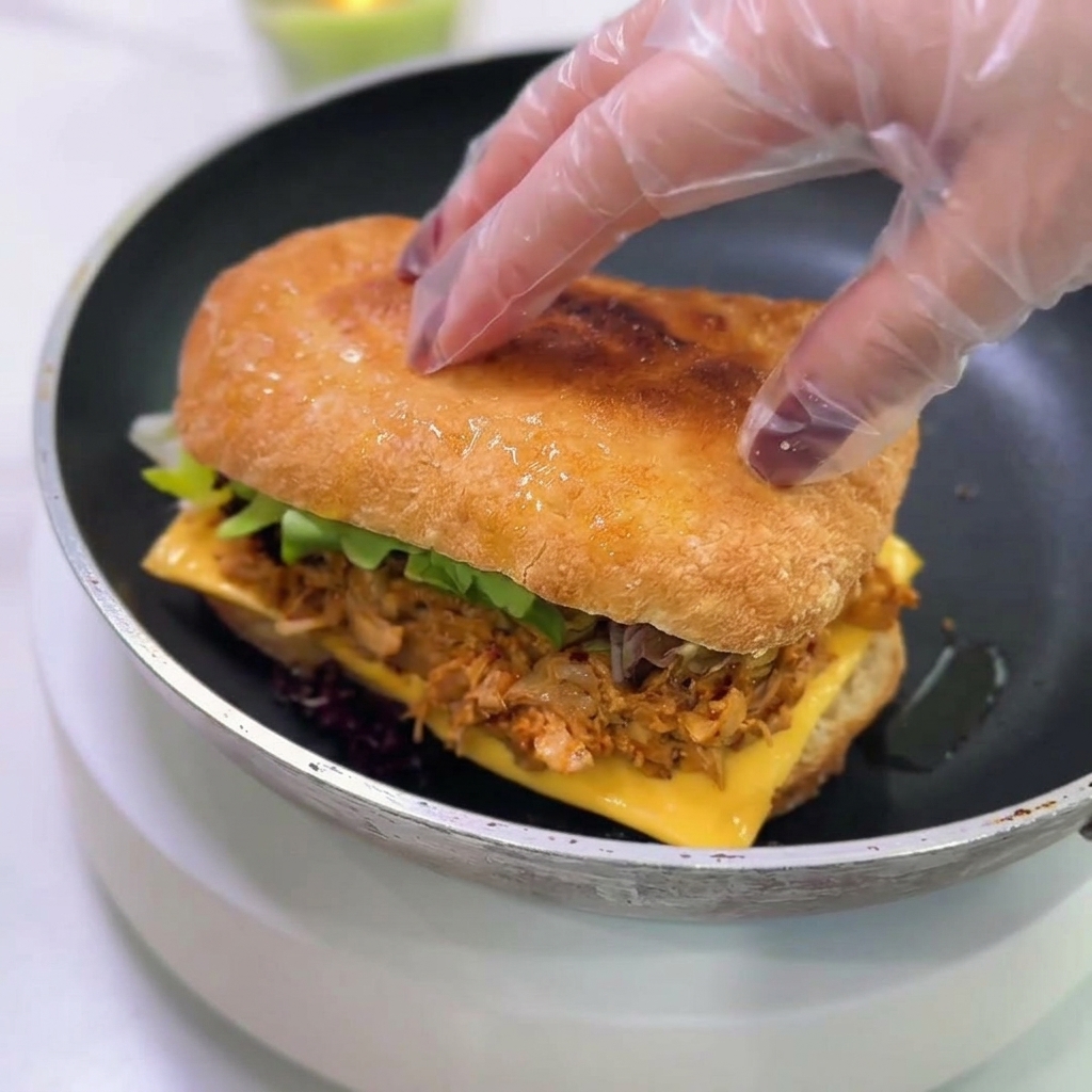Una mano colocando la tapa de la ciabatta sobre un sándwich lleno de pollo picante, queso y lechuga fresca.