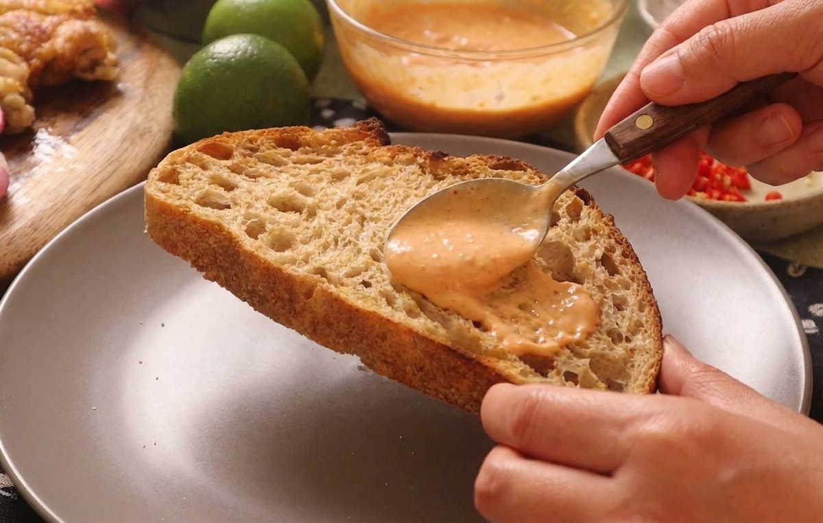 Una cuchara extendiendo una capa generosa de salsa naranja sobre una rebanada de pan de masa madre tostado.