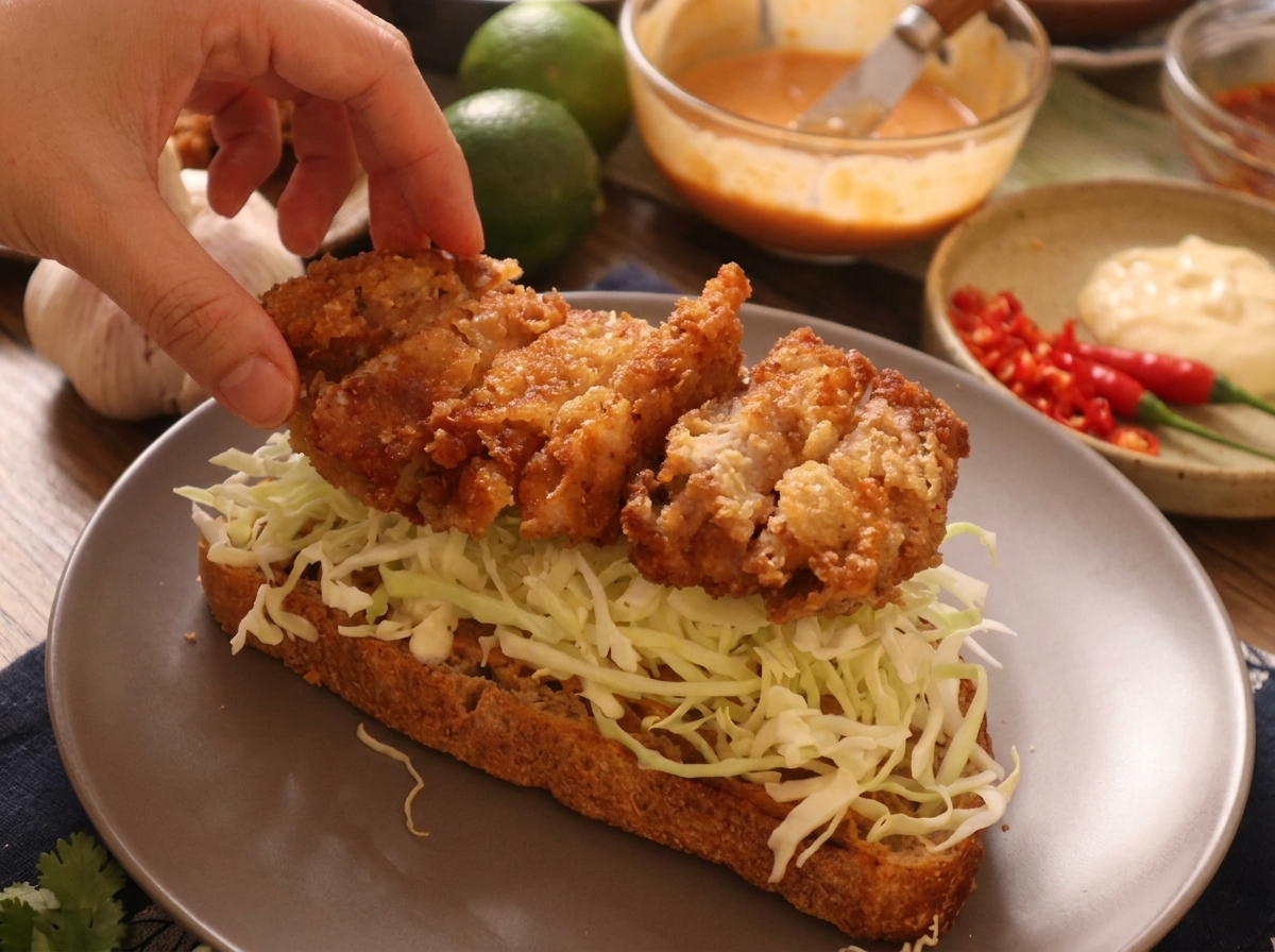 Una mano colocando las tiras de pollo crujiente sobre la col rallada encima del pan tostado.