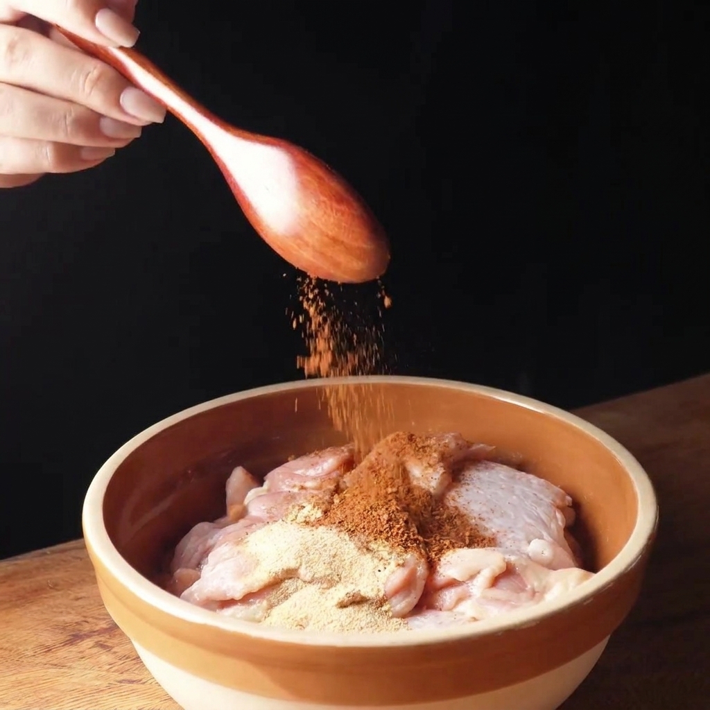 Una cuchara de madera dejando caer especias de color marrón rojizo sobre el pollo crudo en un bol.