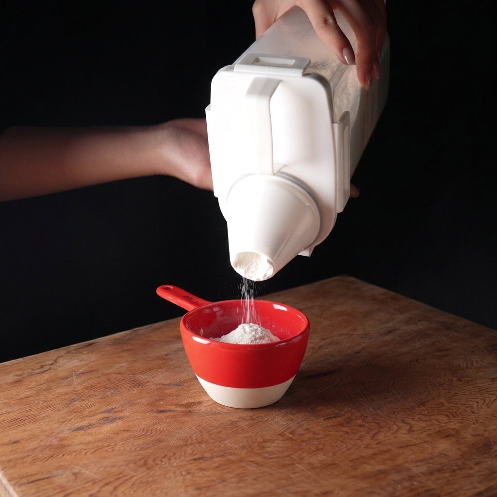Virtiendo harina de repostería en una taza medidora roja sobre una tabla de madera.
