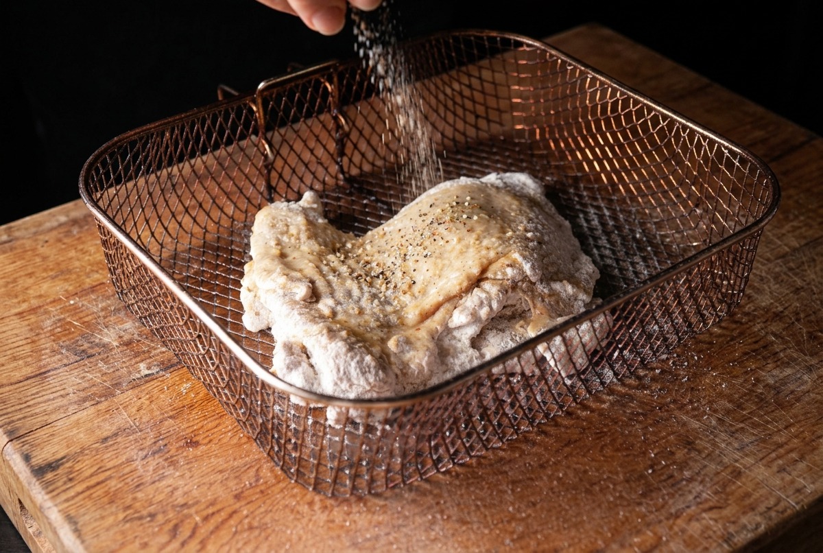 Rociando una capa uniforme de aceite sobre un muslo de pollo enharinado en una cesta de freidora de cobre.