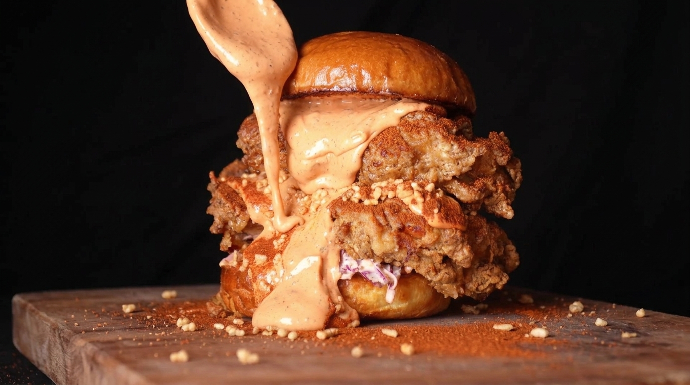 Hamburguesa de pollo Sichuan en freidora de aire con arroz crujiente